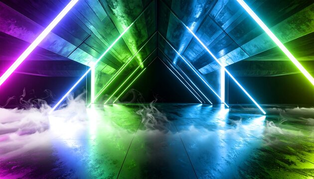 Neon triangles in a smoky, reflective space
