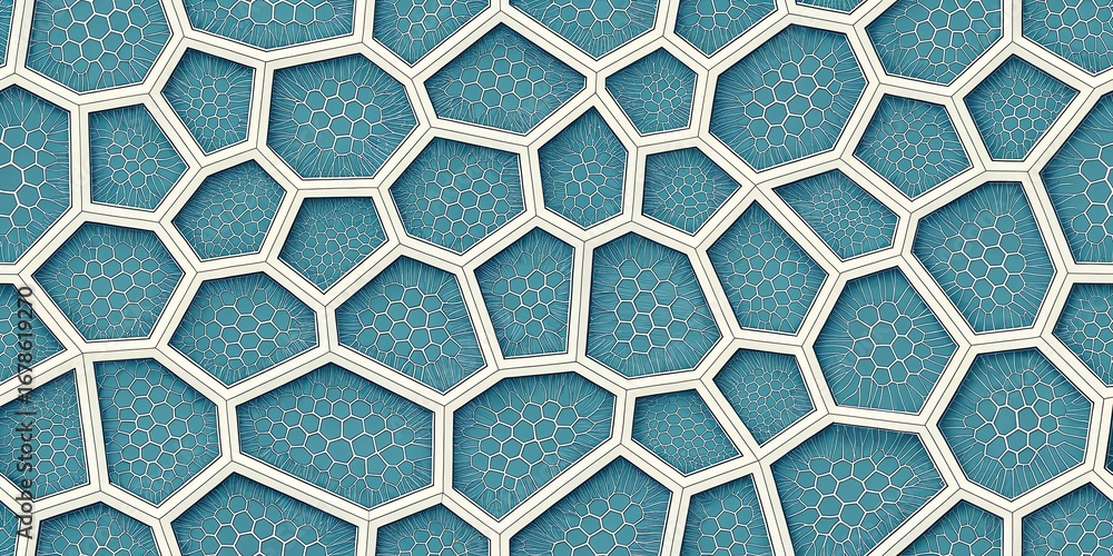 Poster close up abstract view of a textured teal background with a repeating organic geometric pattern of w