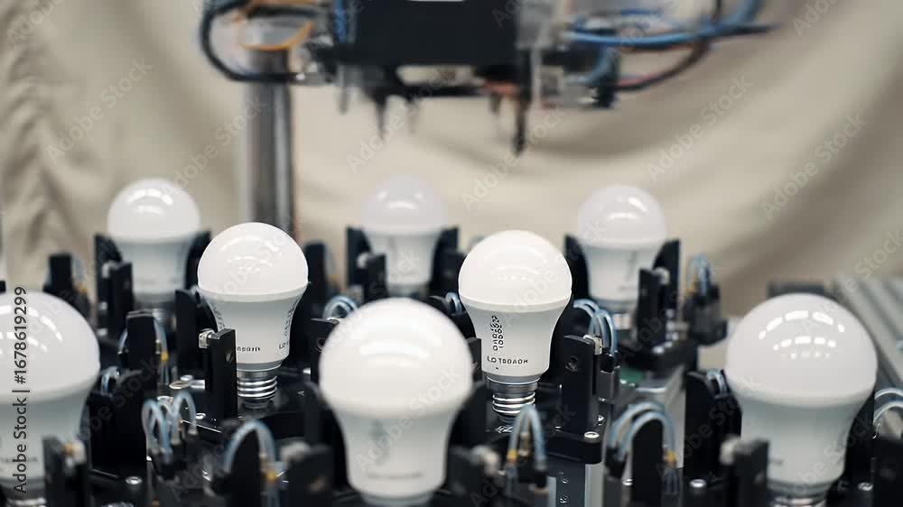 Poster close up production of led light bulb with automated robotic arm in factory a display of modern tech