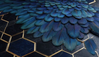 Close-up of deep blue feathers on a hexagonal tile surface