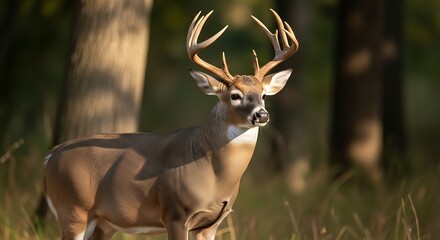 Fototapeta premium Majestic Deer with Large Antlers Standing in Forest During Daylight