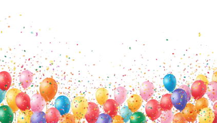 Vibrant colorful balloons and confetti on black background