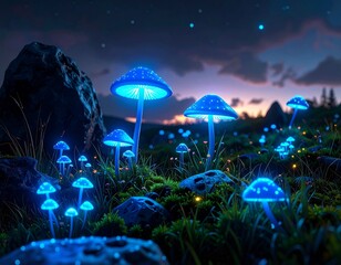 Magical glowing blue mushrooms in a fantasy forest at night.