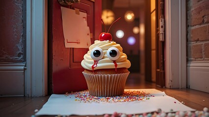 Spooky Cupcake at the Doorway, Halloween Decor. A whimsical, cartoonish cupcake with googly eyes and dripping red icing stands at a doorway, surrounded by colorful sprinkles on a white surface.