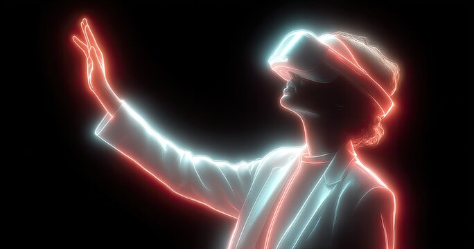 VR experience, person in VR headset, reaching out.  Neon light outlines a figure in a white jacket, interacting with a virtual world