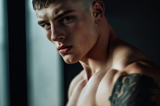 Strong, shirtless man performing weightlifting exercises generative AI technology