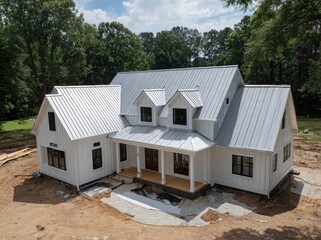 Aerial view of a modern white house with light gray metal roof