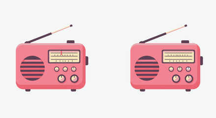 Two identical retro pink portable radios with antennas displayed side by side on a split background