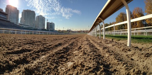 Muddy racetrack under a partly cloudy sky, with buildings in the background