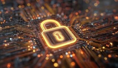 Circuit board with glowing padlock.  Abstract technology