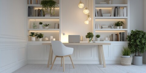 A bright and airy home office is depicted, featuring a white, paneled desk with a light wood desktop and legs. A comfortable gray chair sits in front of the desk, illuminated by a single,