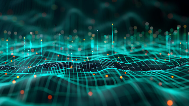 Abstract Data Visualization: 3D Network Grid with Connected Dots.