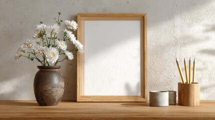 Empty frame, flowers, vase, wooden surface, light