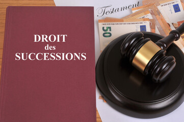 Concept de droit des successions avec un livre, des billets de banque en euros, un testament et un...