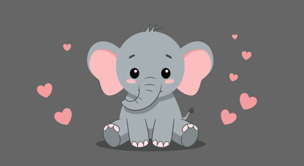 Adorable baby elephant with big ears and pink hearts floating around it on a grey background
