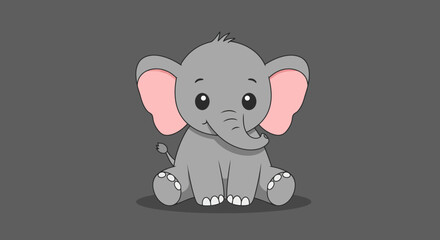 Adorable cartoon baby elephant sitting with large pink ears and big eyes on a grey background