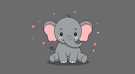 Adorable cartoon baby elephant with big pink ears sitting playfully surrounded by sparkling pink dots