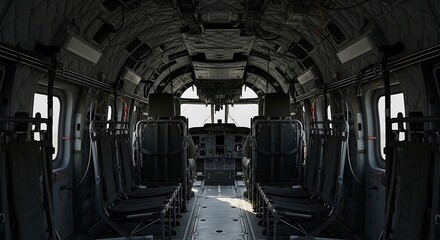 Military Cargo Plane Interior with Empty Seats and Control Panel