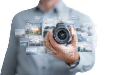 A person holding a camera with superimposed images