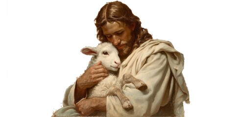 Jesus Christ tenderly embraces a small, white lamb. He is depicted with a serious, compassionate expression, his head lowered in a gesture of affection and protection. 