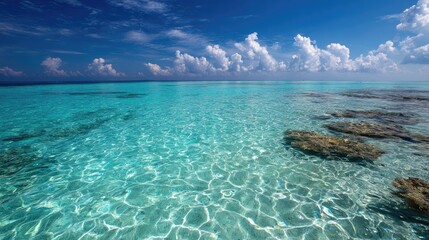 Turquoise shallow ocean water meeting a clear sky