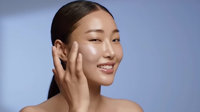 Cheerful Bare Shouldered Young Asian Woman with Glowing Skin Touching Her Face Against a Radiant Blue Background Suitable for Beauty Product Advertising and Self Care Concepts