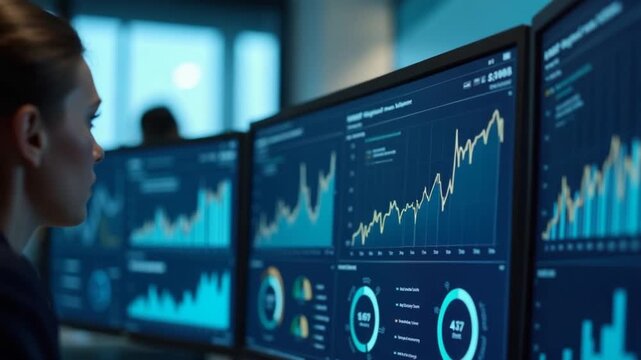 Business graphs and KPI metrics on displays in workplace, jib up shot. Office desk setup in bright corporate environment with computer screens displaying data analytics, close up shot