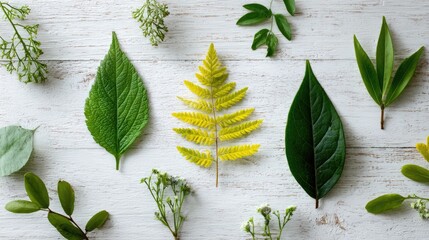 Assorted leaves and small blossoms arranged on a white wooden surface