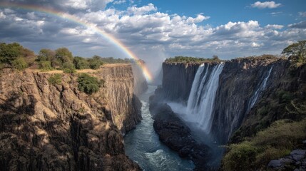 Rainbow arches over Victoria Falls, dramatic canyon