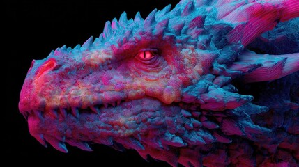 Close-up dragon head, vibrant neon colors