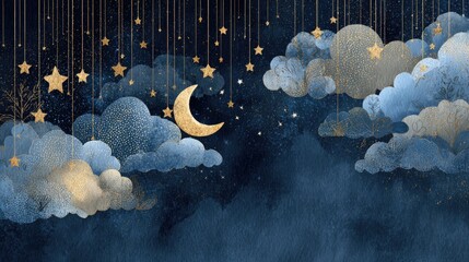 Night sky with clouds, stars, and moon