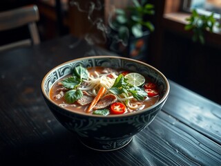 Steaming bowl of Vietnamese pho noodle soup with beef slices, fresh herbs, lime, and chili on a dark table. Close-up shot with shallow depth of field, capturing an authentic Asian street food vibe.