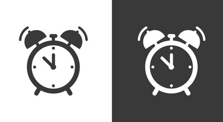 Classic alarm clock icons in black and white representing time and wake up calls