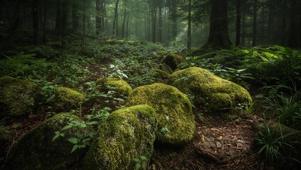 A forest with moss growing on rocks and trees