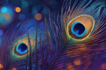 Close-up peacock feathers, vibrant colors, bokeh background