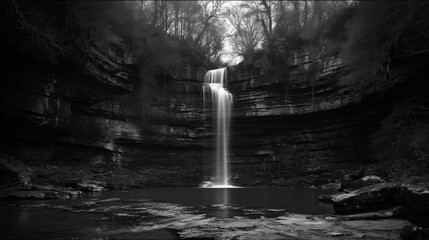 Fototapeta premium A monochromatic landscape featuring a large waterfall cascading into a deep basin surrounded by steep rocky cliffs,
