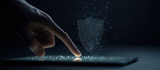 A hand touches a tablet screen, displaying a digital shield graphic