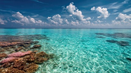 Sunny turquoise water over coral reef