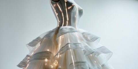 A dramatic, close-up shot of a couture gown suspended against a stark white background. The dress features a complex, layered construction of shimmering, translucent fabric,