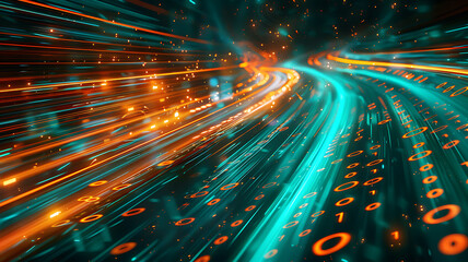 Abstract glowing data stream with binary code represents high-speed digital network.