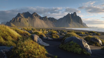 Dramatic mountain range meets black sand beach at golden hour
