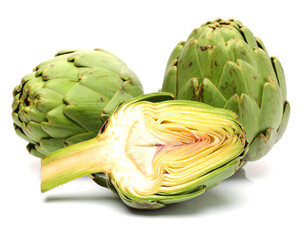 Obraz premium Fresh artichokes isolated on white one cut in half showing layers