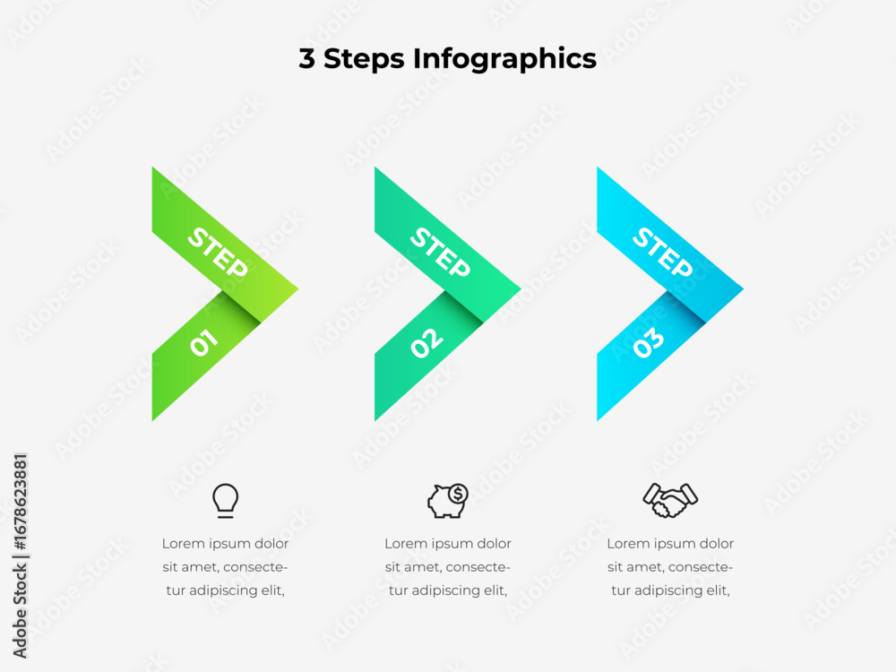 Poster infographic representing three sequential steps, suitable for illustrating processes, strategies, or