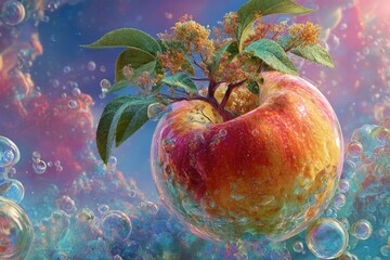 Surreal apple with sprout, vibrant colors, bubbles