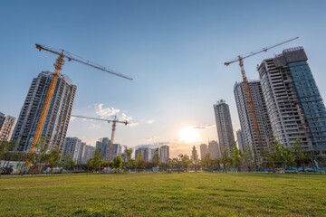 Cityscape with construction cranes over a park at sunset