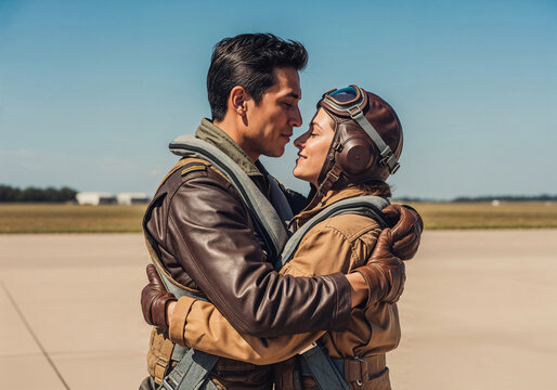 Romantic couple in authentic vintage pilot uniforms sharing intimate moment on airfield runway.