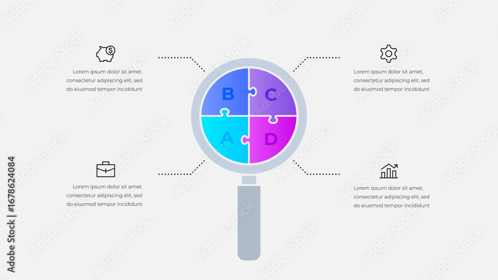 Poster illustration of a puzzle inside a magnifying glass featuring four sections with icons, representing 