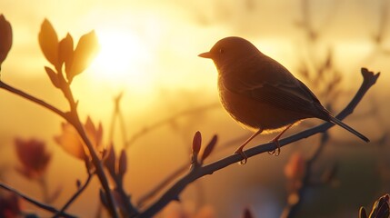 Obraz premium Photograph of a silhouetted bird perched on a branch against a radiant golden sunrise.