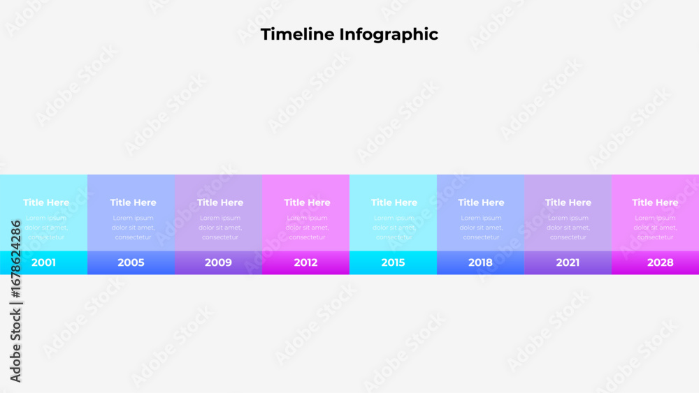 Aufkleber illustrative timeline infographic with colorful blocks, aligned in sequential order with placeholder