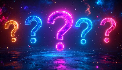 Neon question marks in a dark, cosmic scene